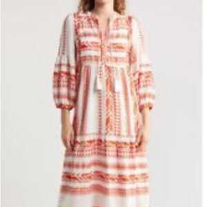 ELAN Alora Orange and White Embroidered Midi Dress S